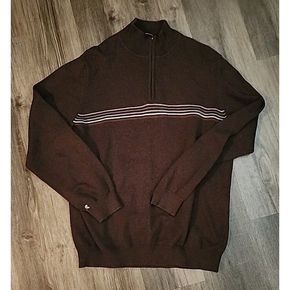 Eddie Bauer Mens Tall Large Sweater Brown 1/2 Zip Striped Mock-Neck Grandpa - Picture 7 of 8